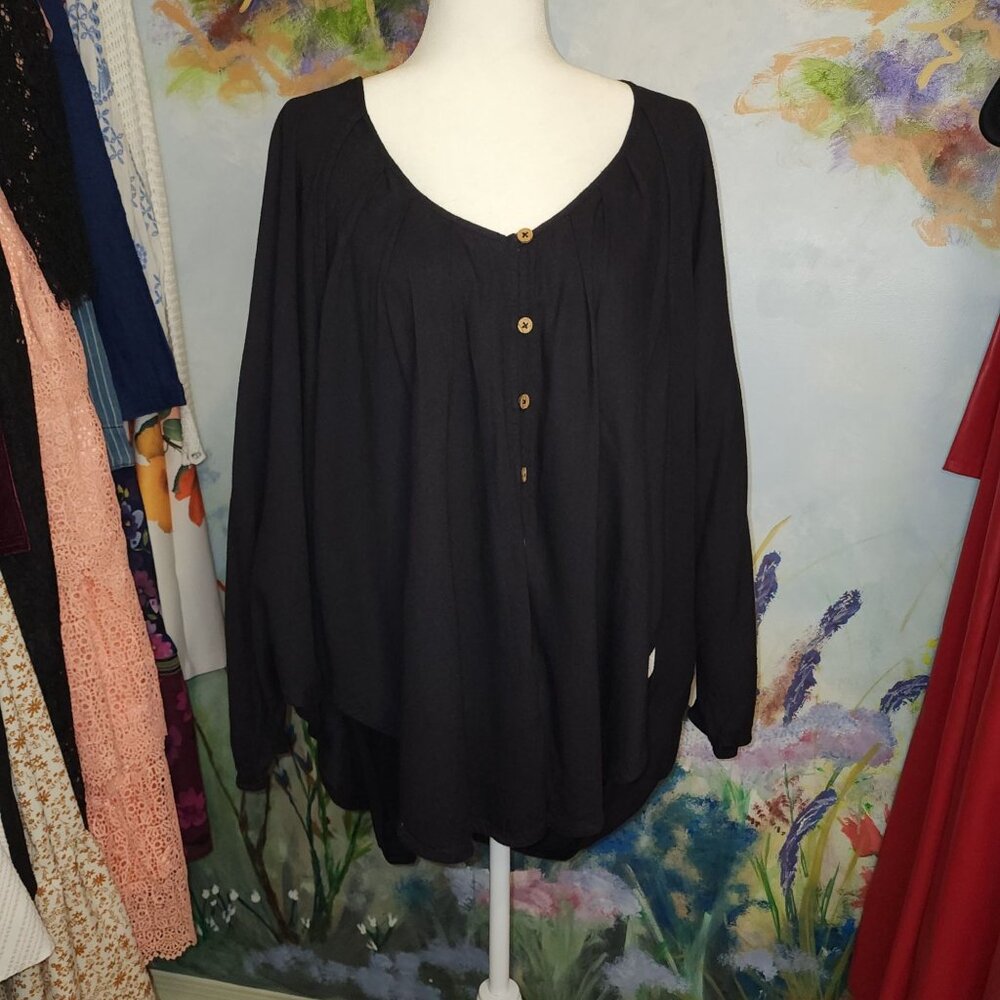 Free People Black Button-Down Cape/Poncho Flowing Long-Sleeve Top - XS